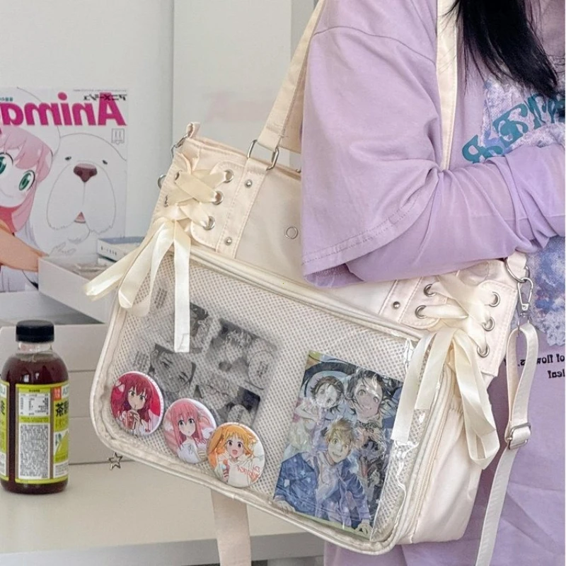 College Style Crossbody Bag with Ribbon Large Capacity for Class Book Carrying Mailman Bag Girls Bow JK Shoulder Ita Bag Handbag