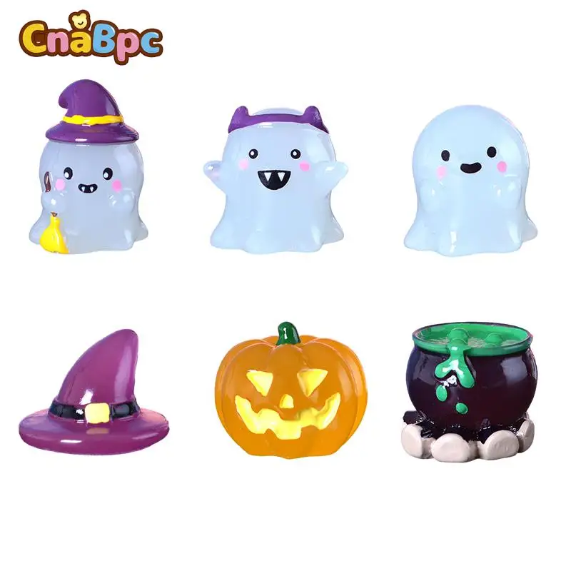 

6Pcs/set Luminous Halloween Ornament Cartoon Wizard Pumpkin Potion Ghost Doll Micro Landscape Dollhouse Halloween Scene Decor