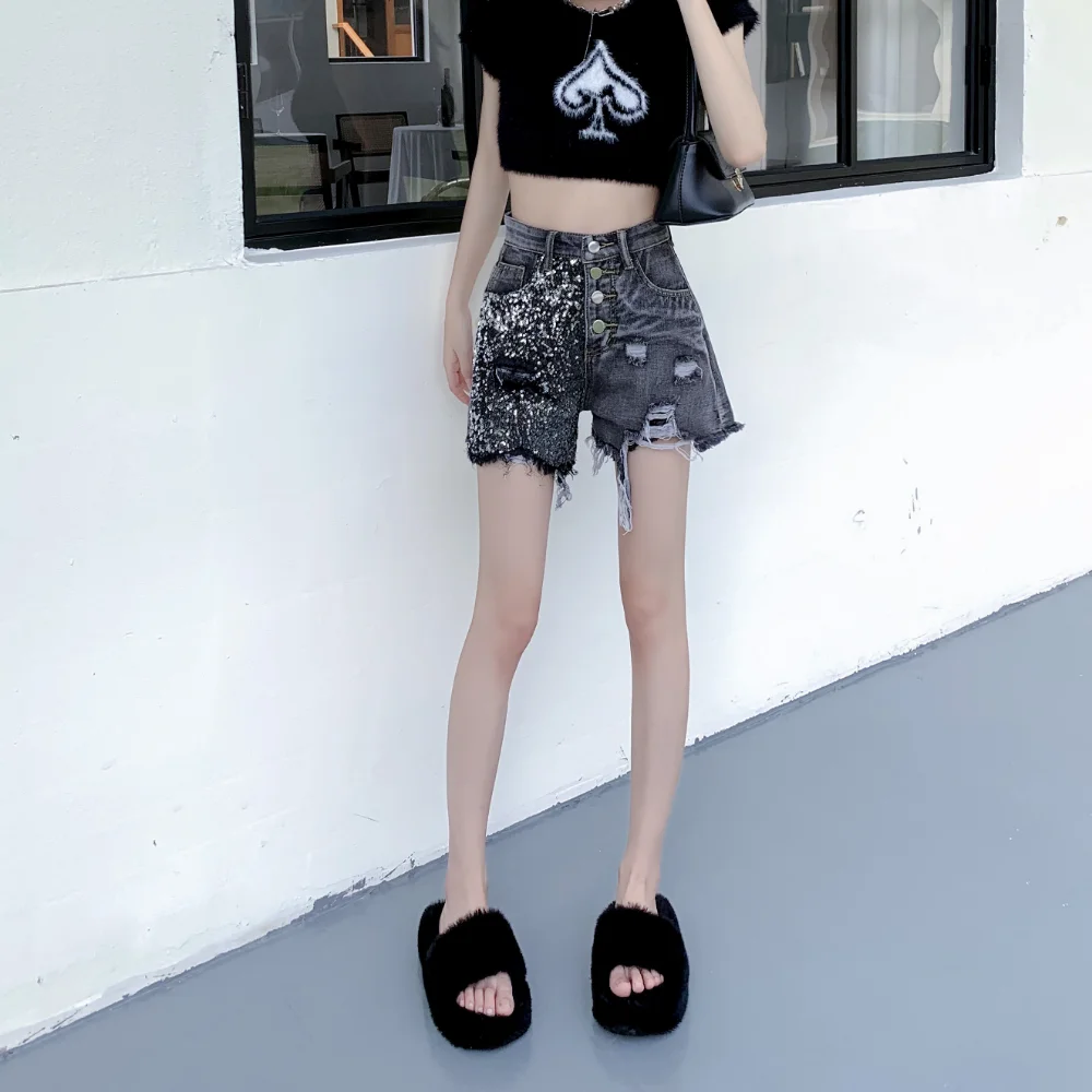 Summer New Sequin Denim Shorts Women Streetwear High Waist Straight Ripped Raw Edge Short Wide Leg Pants Feminino S-5XL