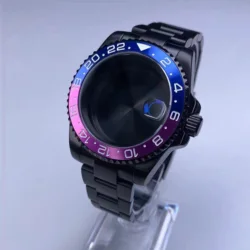Premium 40mm Black Watch Case with Sapphire Glass and 120 - Click Bezel - Glass back cover (28 GMT Alloy Bezel)