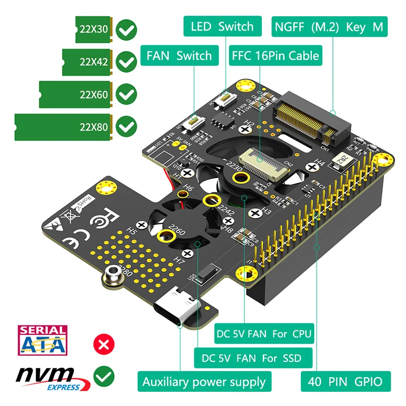 NVMe M 키-PCI-E 어댑터 지지대 2230 2242 2260 2280 M.2 NVME SSD 쿨러 선풍기 RGB LED 듀얼 스위치 FFC 케이블, 라즈베리 파이 5 용