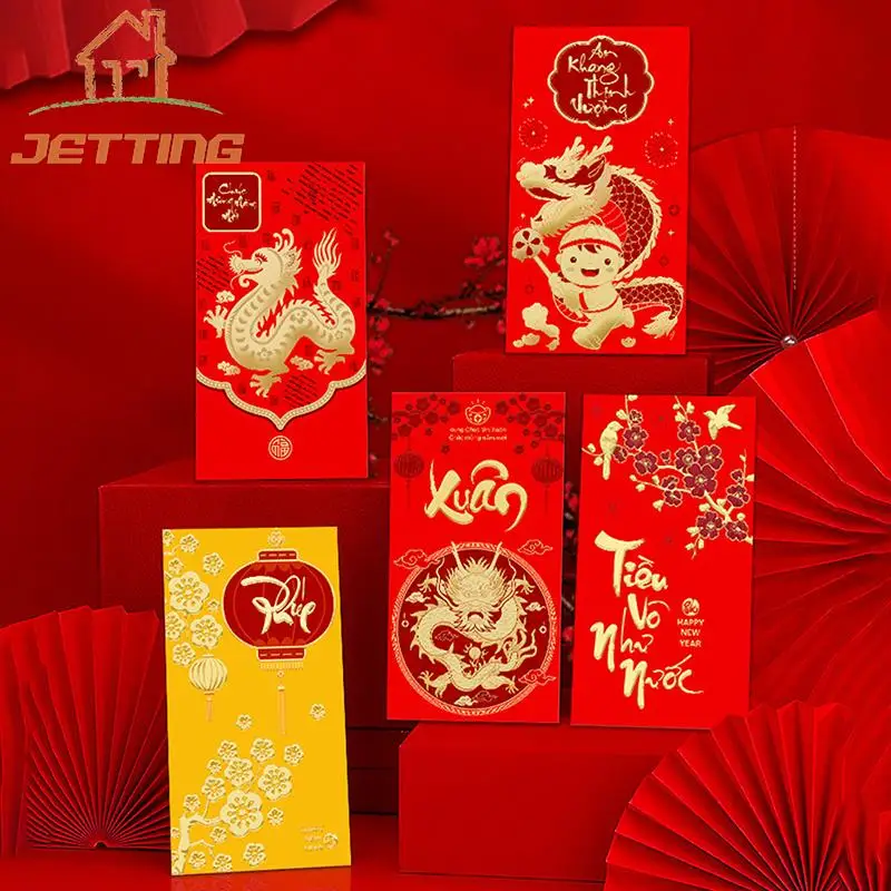 6Pcs Vietnamese Letter Red Envelope Traditional Cartoon Money Packets Paper  Style Envelopes Creative Dragon Year Gifts