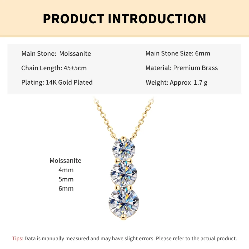 Rrjzz Brillante D-farbene, runde 4 mm, 5 mm und 6 mm große Moissanit-Diamant-Halskette mit drei Steinen für Frauen, Geburtstagsschmuck, Geschenke – Detail 1
