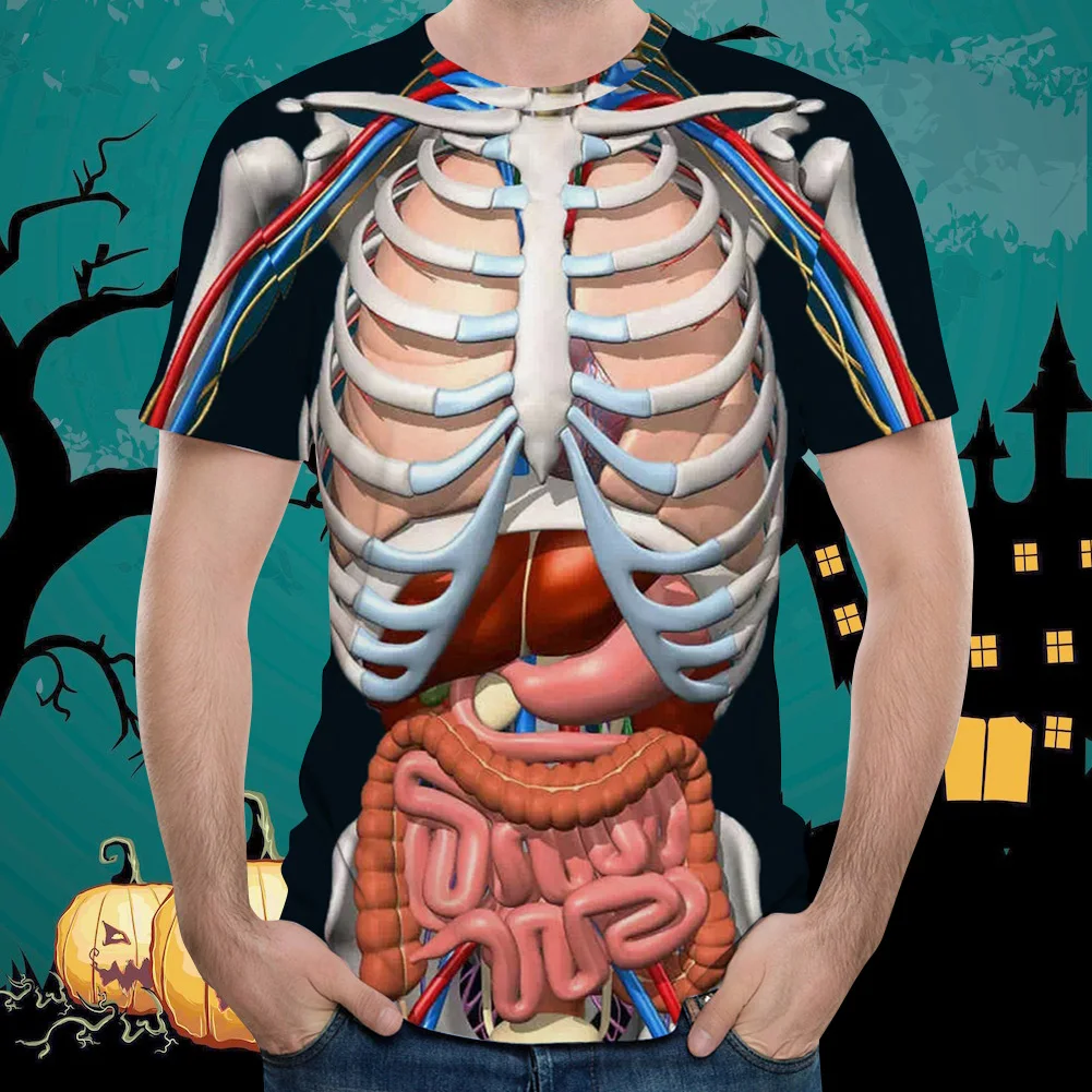 3D Print Horror Offal Pattern T-Shirt Round Neck Short Sleeve Loose Tops Halloween Accessory T-Shirt Newly