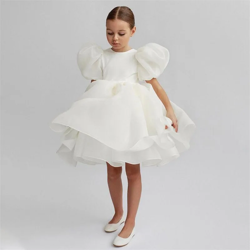 

Fashion Girl Vintage Dress Organza Child Short Puff Sleeve Ivory Wedding Party Birthday Tutu Dress Child Clothes 1-8Y