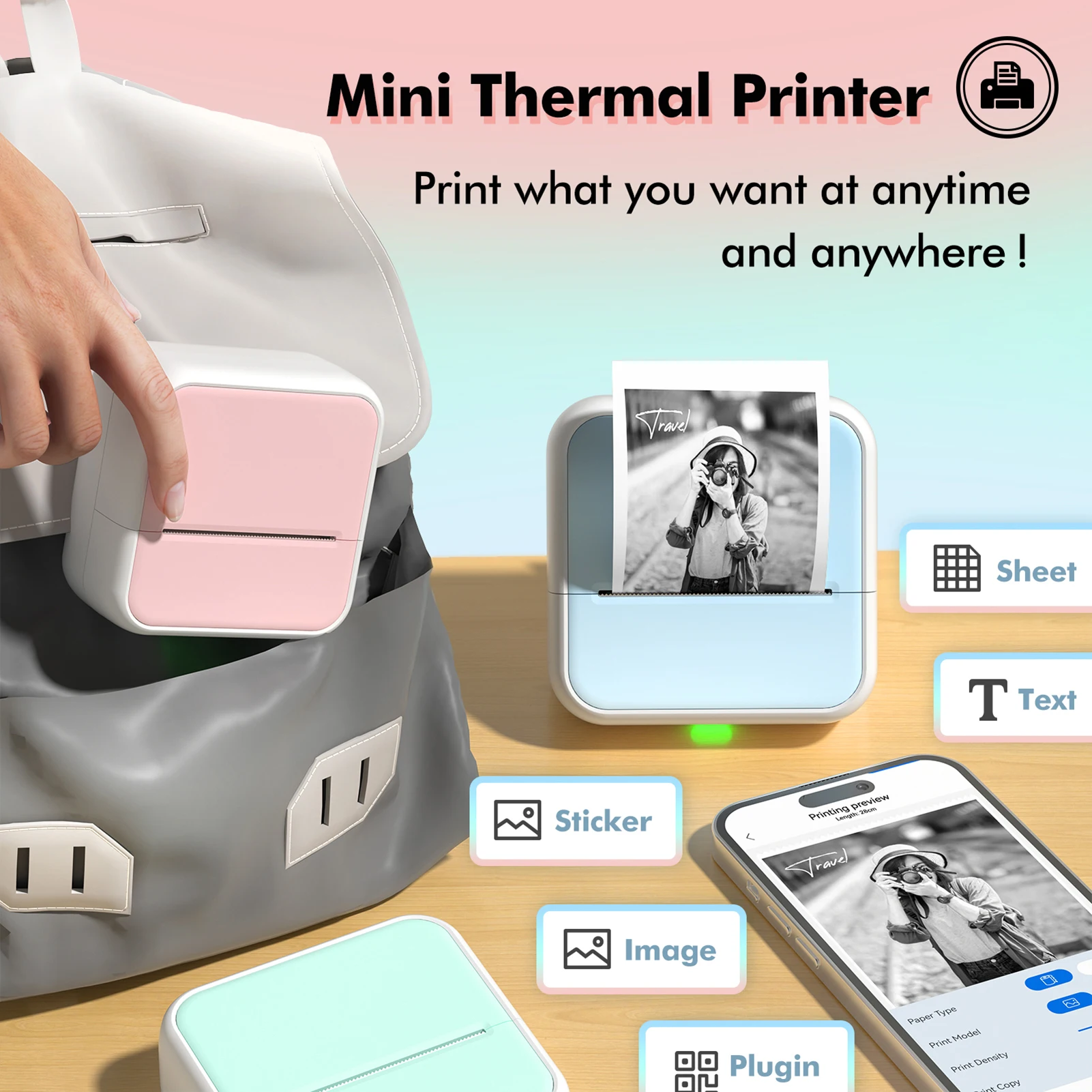 Mini Pocket Printer Portable Thermal Instant Photo Printing Label Maker Machine BT Wireless Connect Compatible with Android /iOS