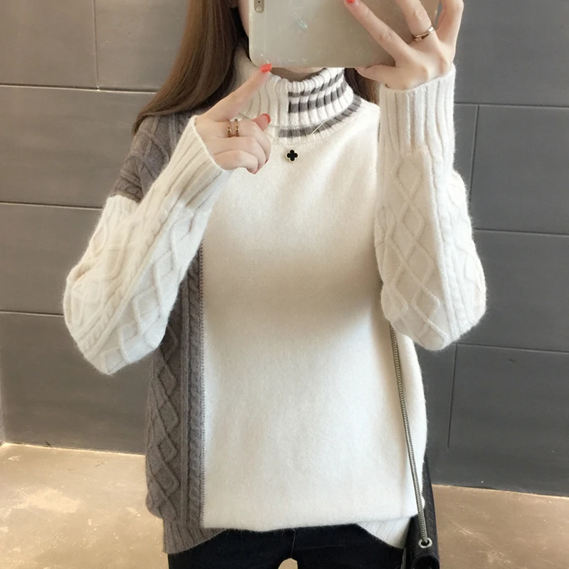 New Stand Neck Women's Tops Long Sleeve Clothes Loose Pullover Knitted ...