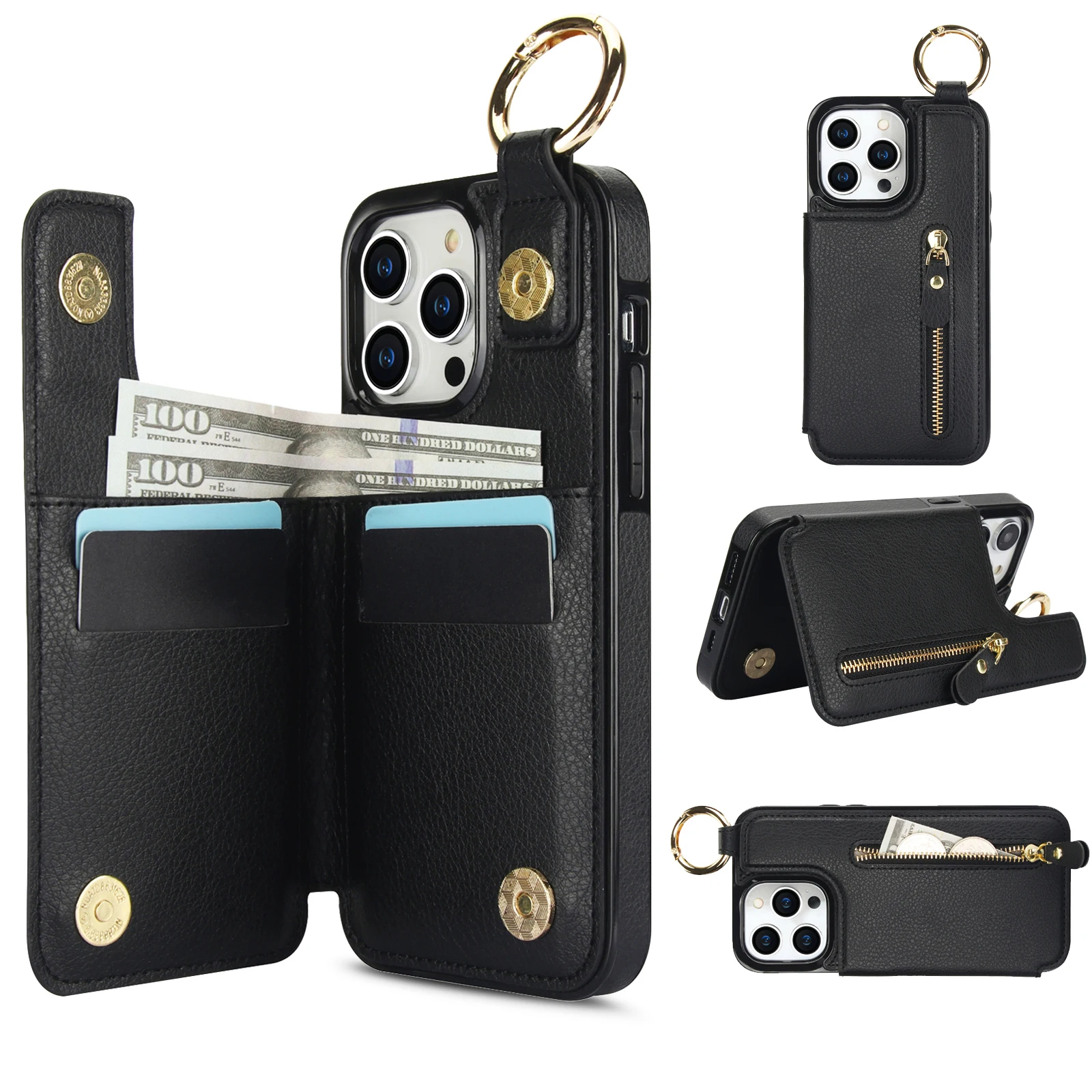 Litchi Leather Zipper Card Holder Wallet Case, Heavy Duty Ring Holder Cover, Kickstand, For iPhone 15 Pro Max 14 13 12 11 XR X 8