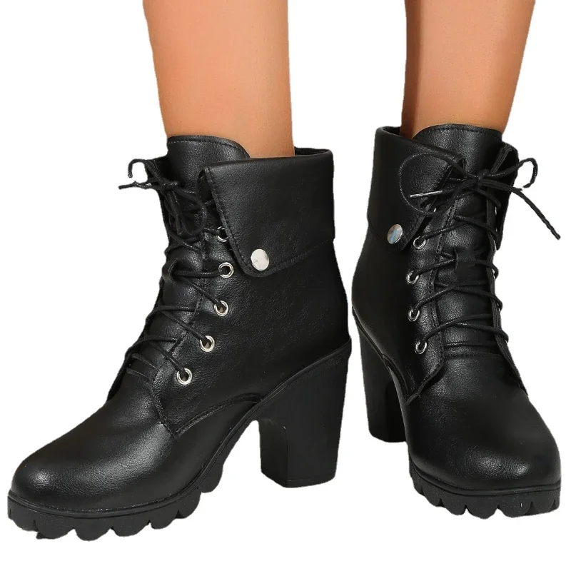 Ladies Shoes on Sale 2023 High Quality Winter Lace Up Modern Boots Solid  Round Head Heeled Boots Large Size  Zapatos Mujer