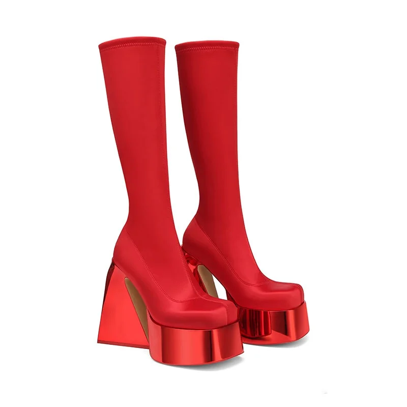 

black red thick platform knee high boots woman punk style autumn winter boots elastic sock satin shoes woman boots high heels