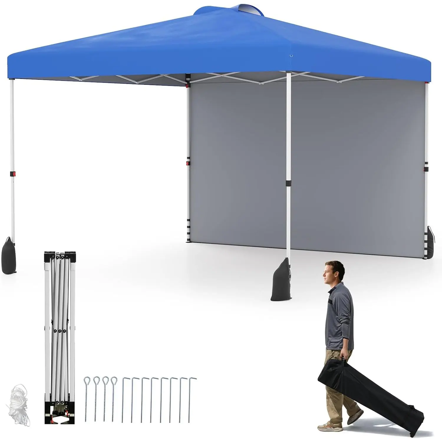 Folding Gazebo, Pop-up, 1 Side Wall, Garden Gazebo, Bag with Wheels, Height Adjustable, for Garden Party (Blue)
