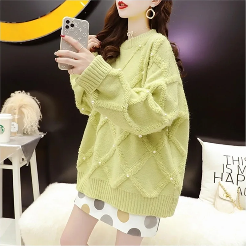 

Korean Fashion Beading Short Knitted Sweater Women Loose Casual Pullover Jumpers Ladies 3 Color Long Sleeve Knitting Tops Female