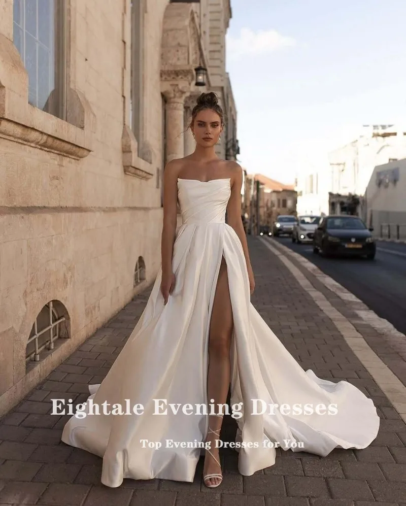 Eightale Princess Wedding Dress V-Neck Satin A-Line Customized White Ivory Side Slit Bridal Gown Vestido De Noiva 3