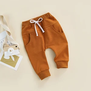 Newborn Boys Girls Trousers Elastic Waist Adjustable Drawstring Plain Leisure Style Loose Fit Long Pants