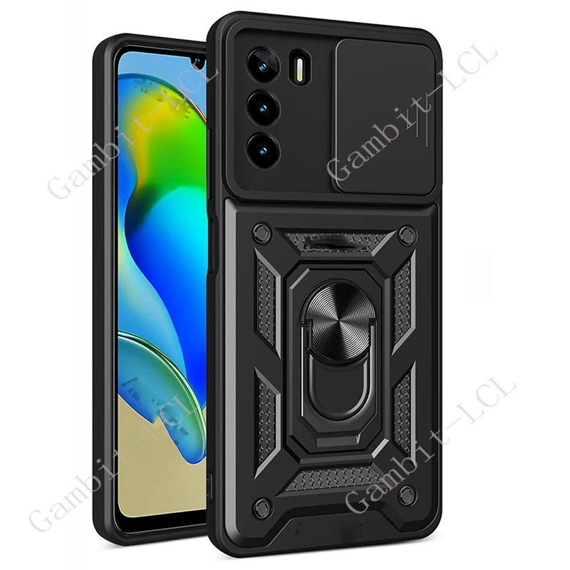 Anti-Falling Ring Armor Case with Magnetic Holder Stand and Sliding Camera Lens Cover