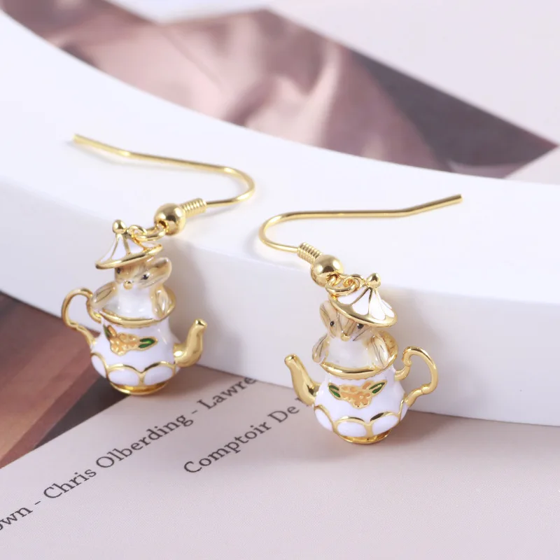 European and American enamel glaze color cartoon fun tea cup cute and cute little mouse earrings