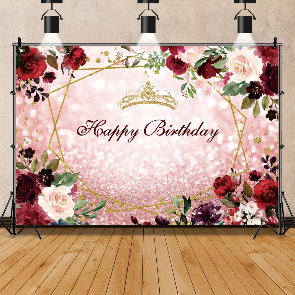 Happy Birthday Name Photography Background Flower Wreath Blooms Wedding Ceremony Baby Shower Party Photographic Backdrop