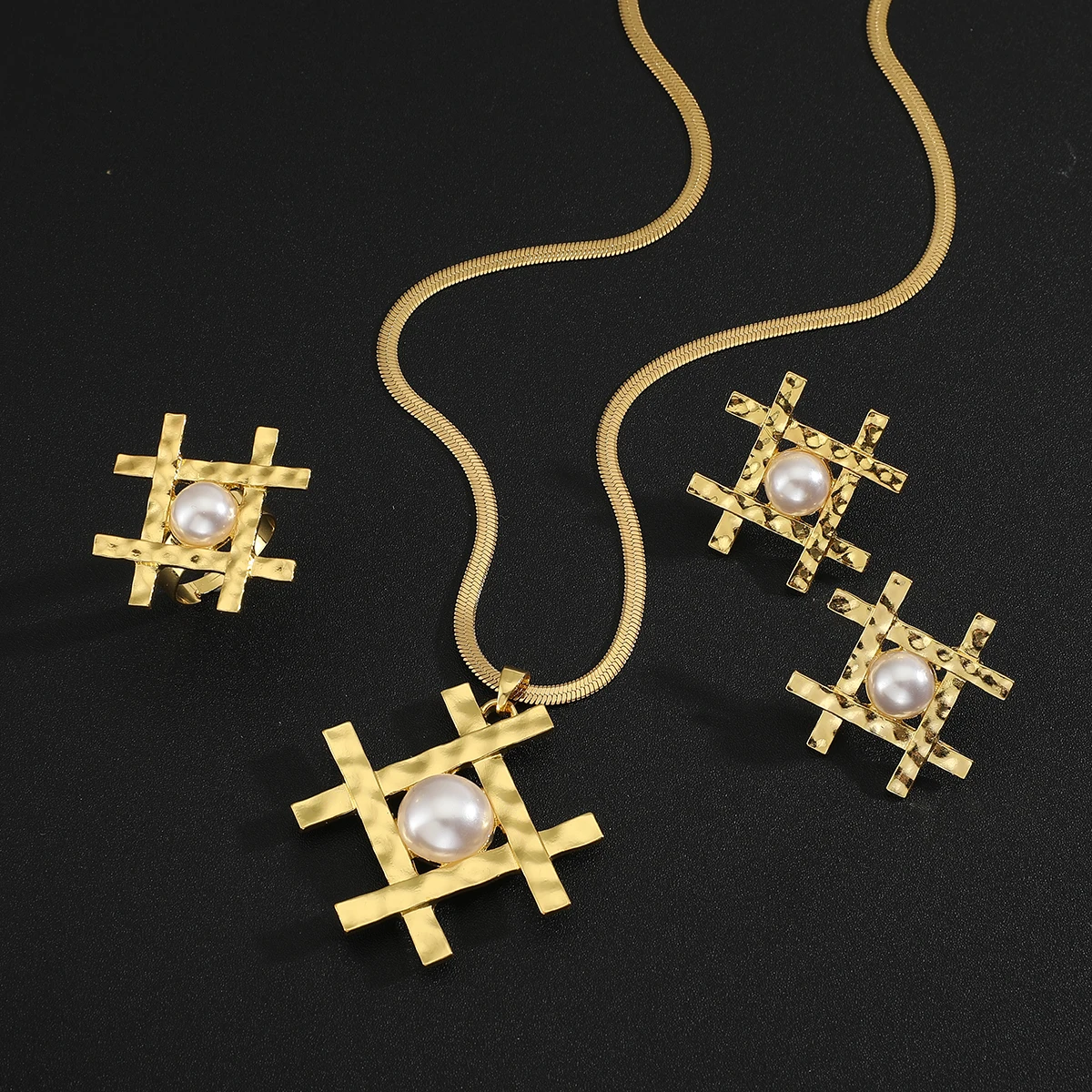 Women's gold Color Stainless steel Wedding Jewelry Luxury Pearl pendant Necklace+ earring+ rings Ladies Jewelry Sets for Bridal 6
