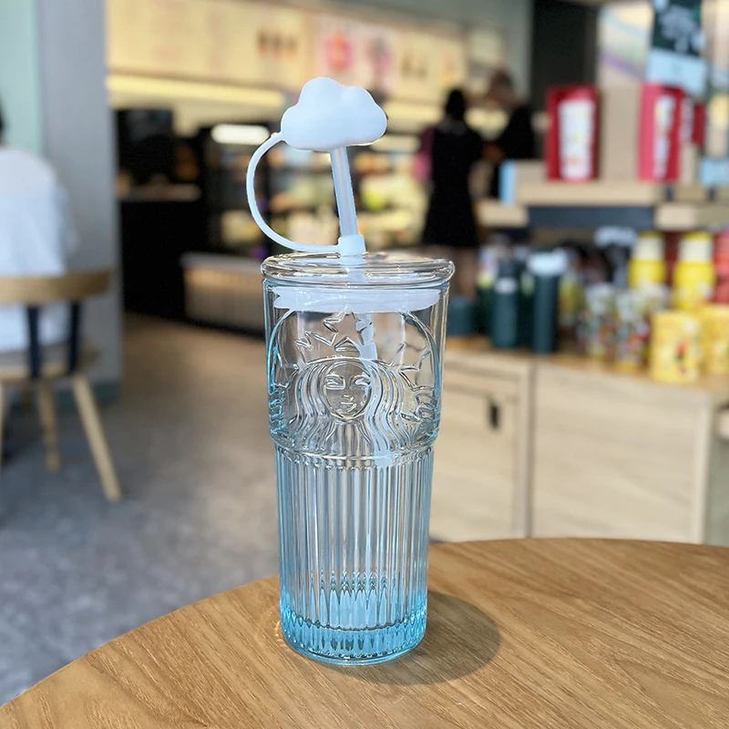 

Summer New Cloud Gradient Blue Glass Straw Cup Embossed Mermaid Out Dooor In-car Portable Transparent Ice Coffee Cup 550ml