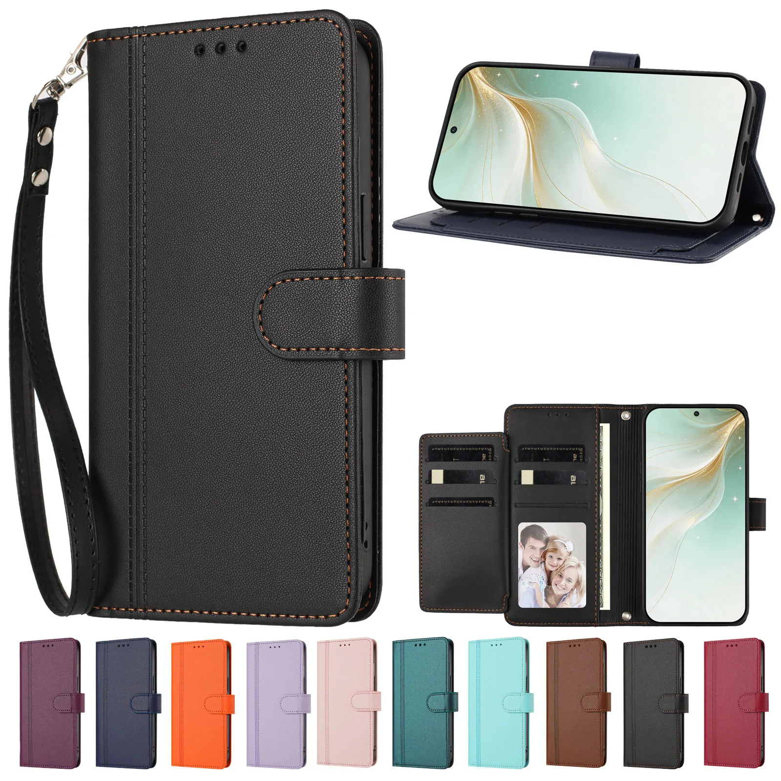Luxury Leather Flip Phone Case with 9 Card Slots and Strap Book Wallet Design
