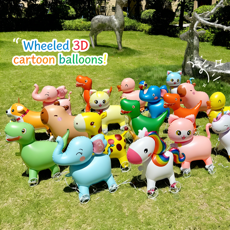 1PCS Cartoon Foil Balloon animal Stand Walking Balloon With Wheel For Kid Birthday party Decor ballons Baby Shower Accessories