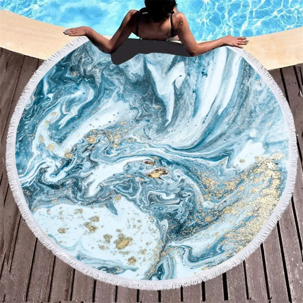 

Microfiber Marble Abstract Pattern Beach Towel Round Large Watercolor Yoga Towel With Tassel Beach Mat Blanket Cover Picnic Mat