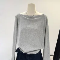 One Shoulder Cotton Slant Shoulder Long Sleeve Women's Clothing Style Interior Wide Truffle Shoulder Base Autumn Winter Shirt - Image 2