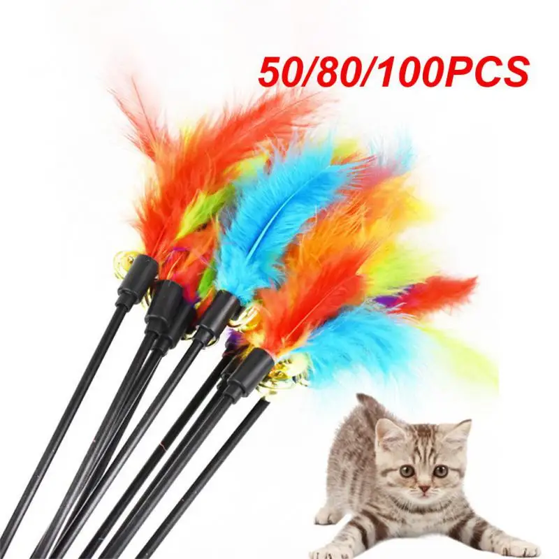 

50/80/100PCS Cat Toys Bell Feather Toys Cat Teasing Stick Cat Teaser Teaser Stick Pet Toy Feather Toys Interactive Toy