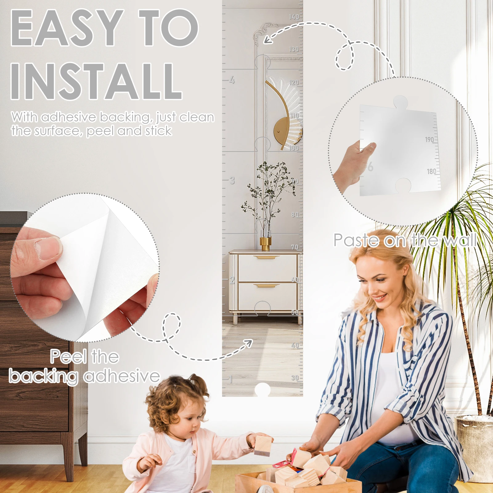 Acrylic Mirror Growth Chart for Kids Decorative Foldable Wall Growth Chart Mirror Versatile Easy to Install Puzzle