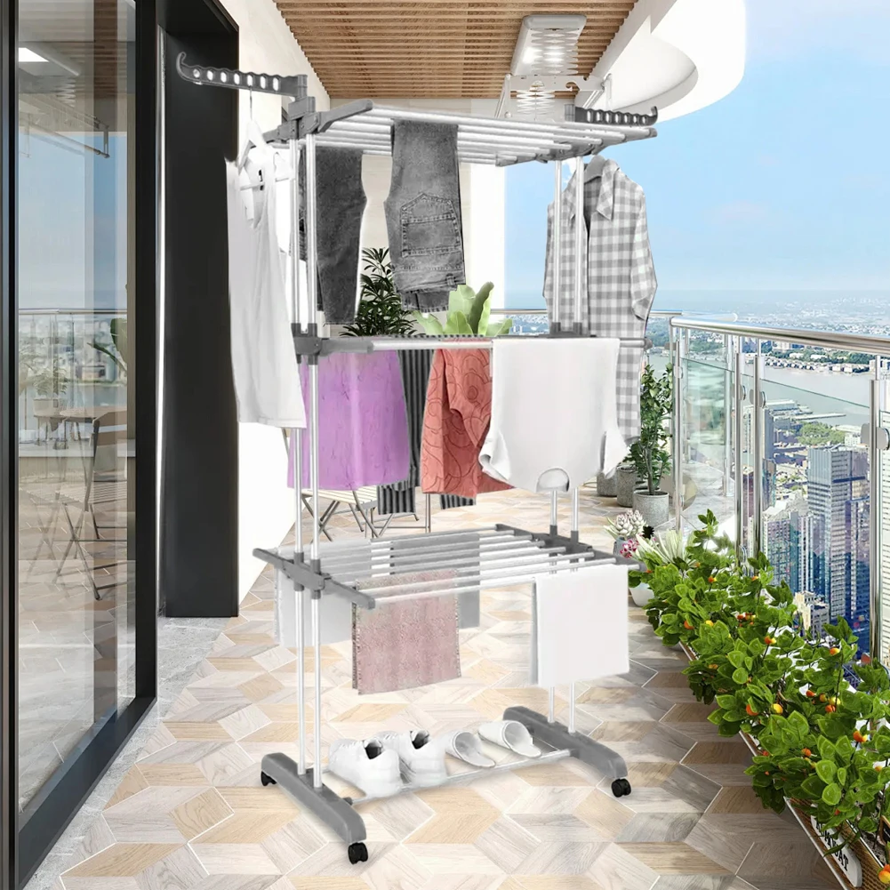 Foldable Iron Laundry Drying Rack with Castors for Indoor Outdoor Use