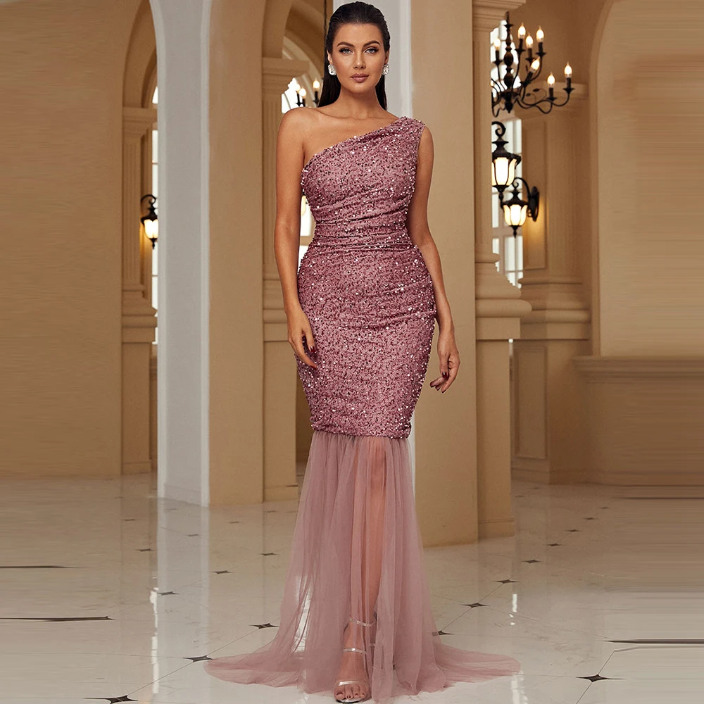 

Glitter Sequin Evening Dresses One-Shoulder Sleeveless Long Party Dress Simple Tulle Sweep Train Prom Gown Vestidos de Noche