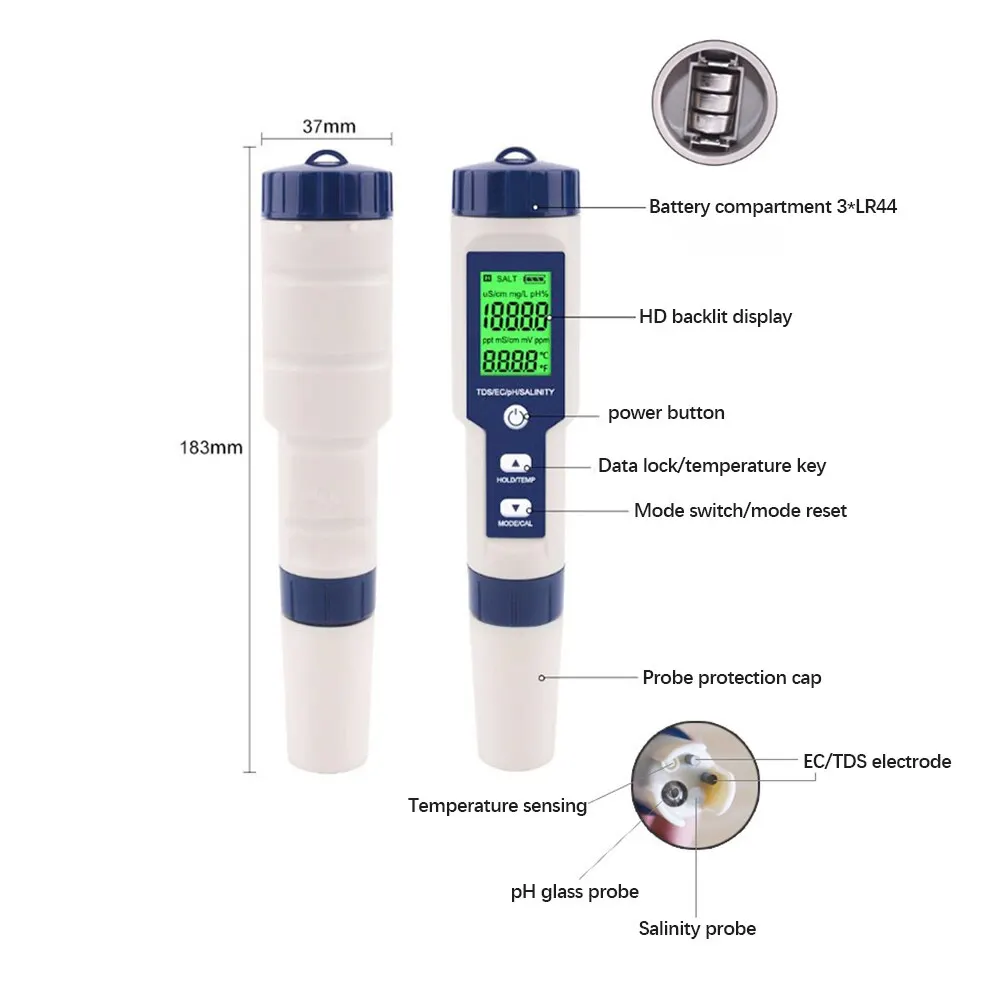 5 in 1 Water Quality Tester Digital TDS/EC/PH/Salinity/Temperature Meter for Pools Aquariums Water Quality Detector