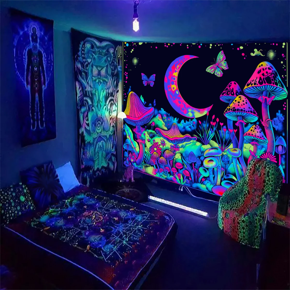 1pc UV reactive mushroom tapestry plant flower starry sky tapestry moon phase butterfly neon light effect tapestry