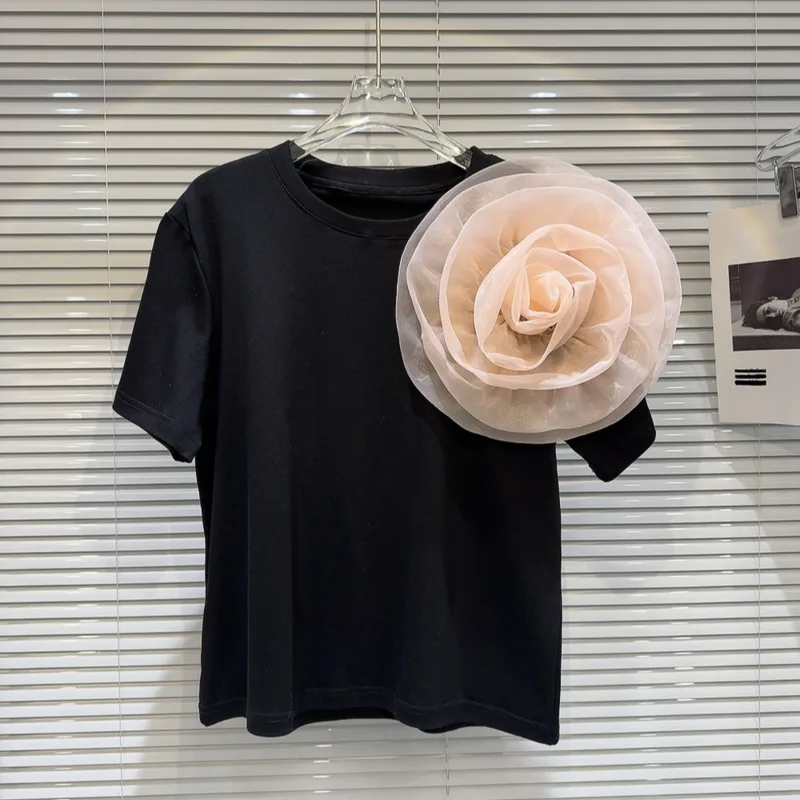

BORVEMAYS сетчатая 3D Цветочная Лоскутная футболка темпераментная с круглым вырезом и рукавами-лоскутками элегантная летняя Новинка 2024 женские топы WZ7939