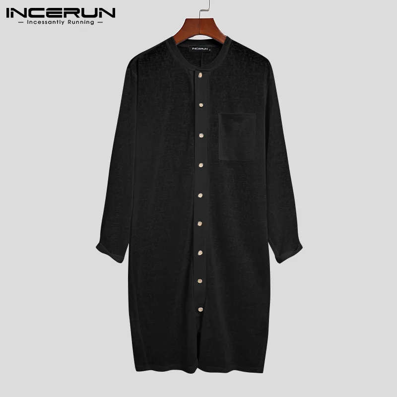 Men Pajamas Rompers Solid Color O Neck Long Sleeve Button Jumpsuits