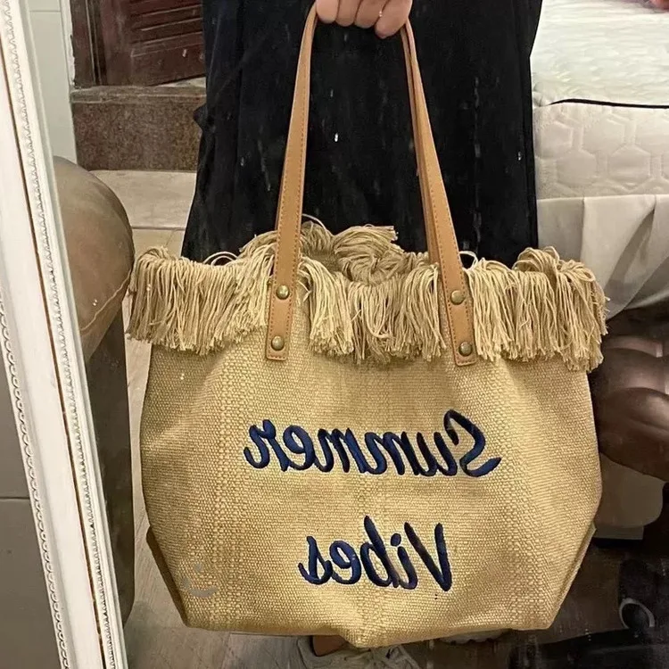 Nuova borsa da spiaggia, borsa da viaggio, borsa con nappe alla moda e semplice, borsa per la mamma, borsa a tracolla di grande capacità_voghion.com