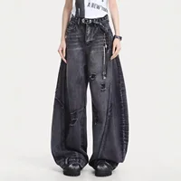 Vintage Hong Kong Style Faded Denim Jeans with Hole Loose Wide Leg Pants High Street Autumn New Trend Cotton Polyester Blend