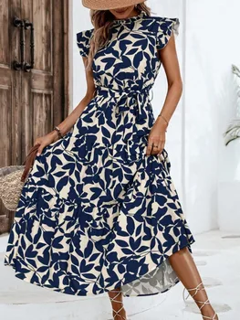 Abito longuette a fiori da donna elegante Nuova moda estiva Colletto alla coreana Abito con lacci con maniche volanti Abiti casual da vacanza al mare Robe