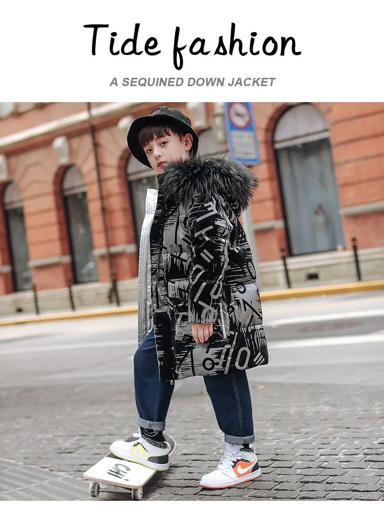30 Grad russische Winter-Jungen-Daunenjacke, wasserdicht, glänzend, dick, warm, Jungen-Oberbekleidung, Mantel, 5–12 Jahre, Parka-Outfit für Teenager – Detail 3