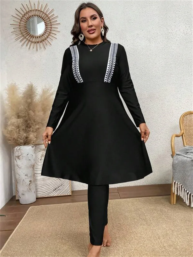 

2024 New Plus Size Muslim Swimwear Women Burkini Padding Patchwork Hijab Long Sleeves Swimsuit Islamic Bathing Suit