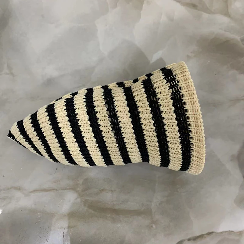 Women Bucket Hat Striped Hollow Bucket Hats For Women Spring Summer Sun Hat Female Crochet Fishermen Cap Outdoor Travel Basin Caps Panama Women Hat Bucket Hat