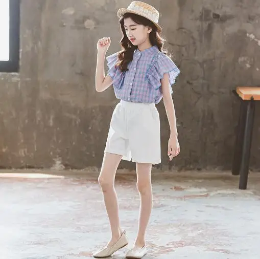 

Girls Summer Clothing Sets Fashion Flying Sleeves Shirt + Shorts 2Pcs Kids Clothes Set Children Sports Suit Plaid Girls Outfit