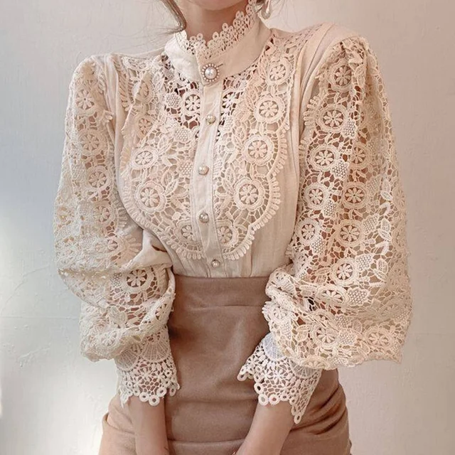 New Vintage White Lace Blouse Shirts Women 2023 Korean Button Loose Shirt Tops Female Hollow Casual Ladies Blouses Blusas 12419 1