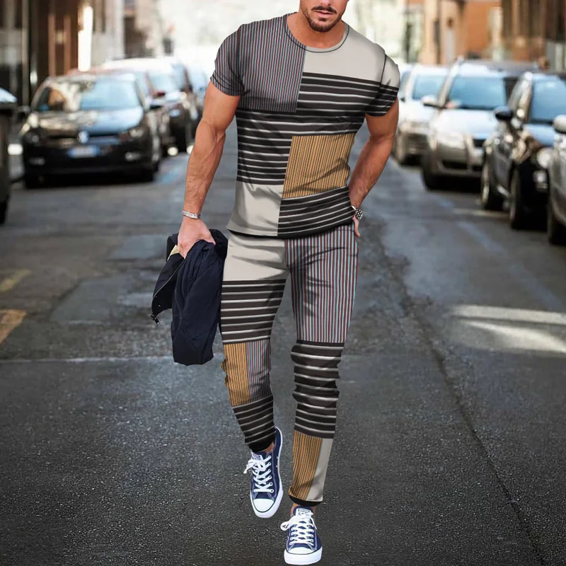 Vintage 3D printed short-sleeved T-shirt trousers Casual breathable 2 Piece Sets Sport tshirts Joogers Harajuku Men's Tracksuit