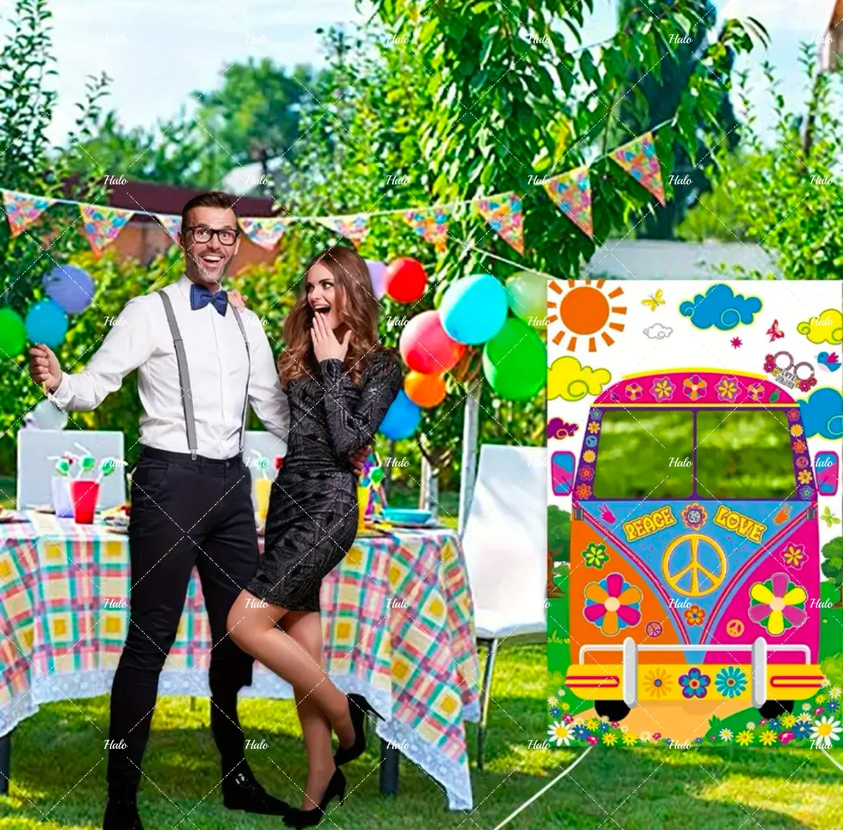 Buryeah 60er Party-Deko – 2 Hippie-Bus & Retro-Kleidung Banner, Je 170x100 Cm & 100x150 Cm, Stoff