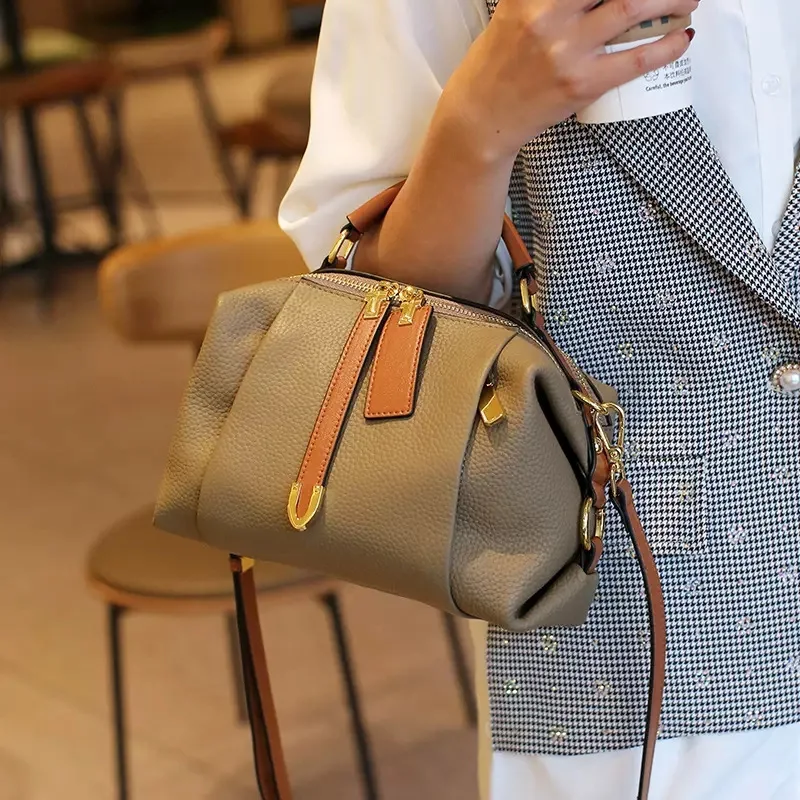 Women's One Shoulder Bag Crossbody Handbag Y2k Genuine Leather New Versatile Top Layer Cowhide Contrasting Color Boston Pillow