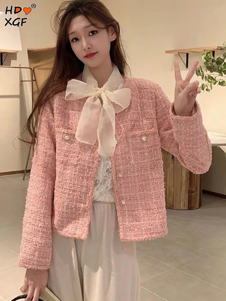 

Sweet Pink Tweed Jacket For Women Korean Fashion O Neck Pearl Single Breasted Button Simple Coats Elegant Luxury Short Outerwear