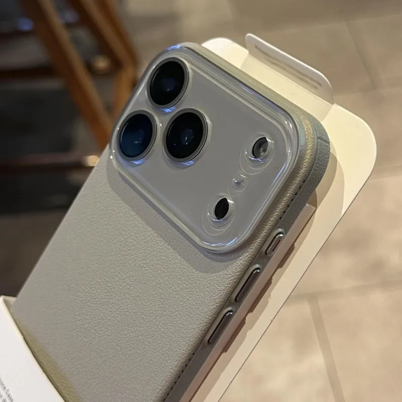 Elegant Leather Texture Silicone Case with Glass Camera Lens Protection - Shockproof Cover