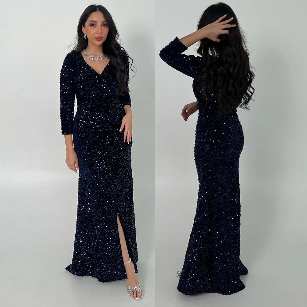

Prom Dress Sparkly Stylish Long Sleeve Gown V Neck Sexy Sheath Elegant Evening es Sequins High Slit Formal Party