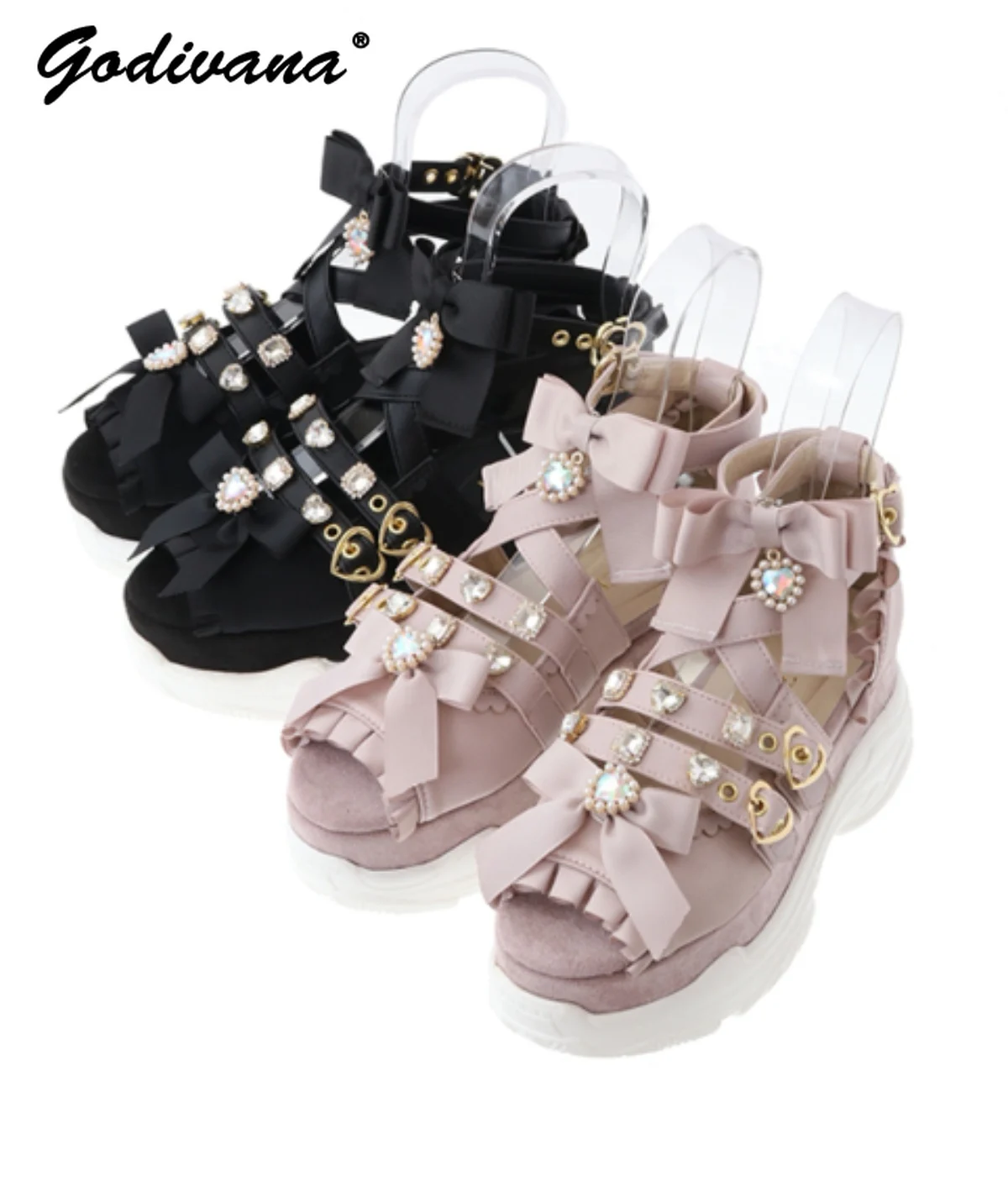 Two-Way Detachable Bow Women Girls Sandals Heart Shape Rhinestone Lolita Mine Style Platform Height Increasing Japanese Sandals